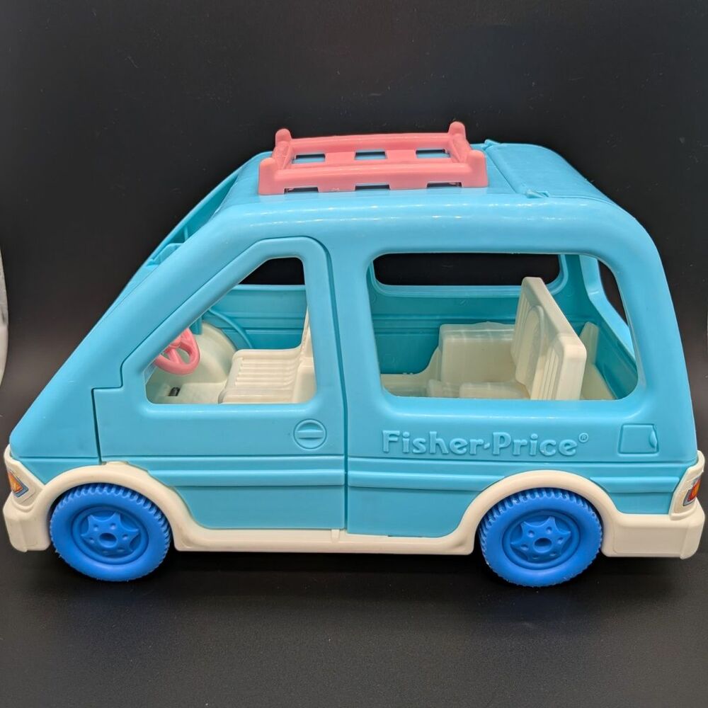 Fisher-Price Loving Family Blue/White Minivan w/ Pink Roof Rack & Steering Wheel